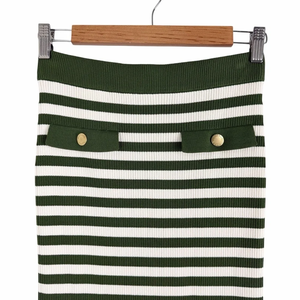 Michael Kors Striped Ribbed Midi Skirt Green White Size Small